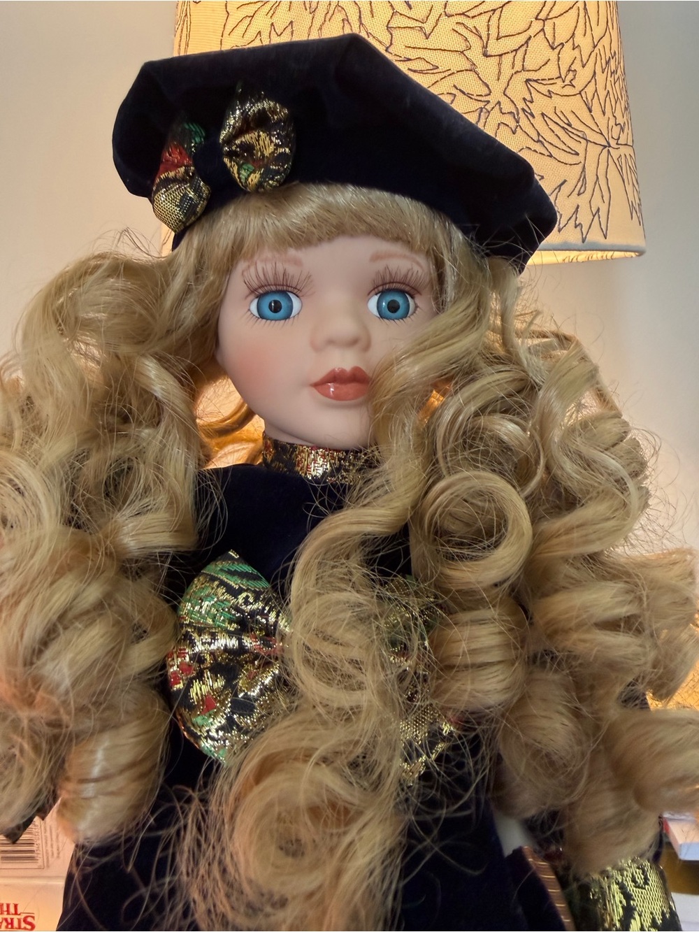 Collectible Blonde Curly-Hair Porcelain Doll in Navy and Gold - Picture 2 of 7